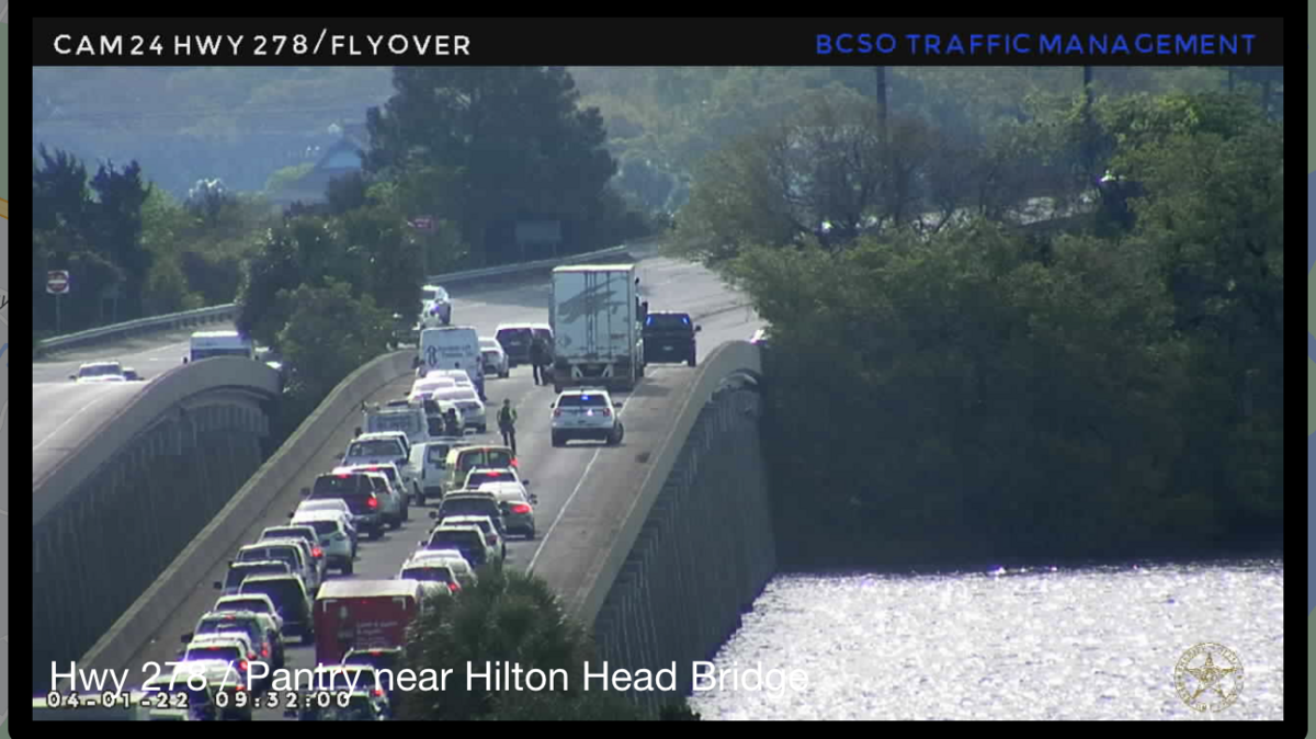 A truck blocks an eastbound lane as seen on Friday morning on the first bridge to Hilton Head Island.