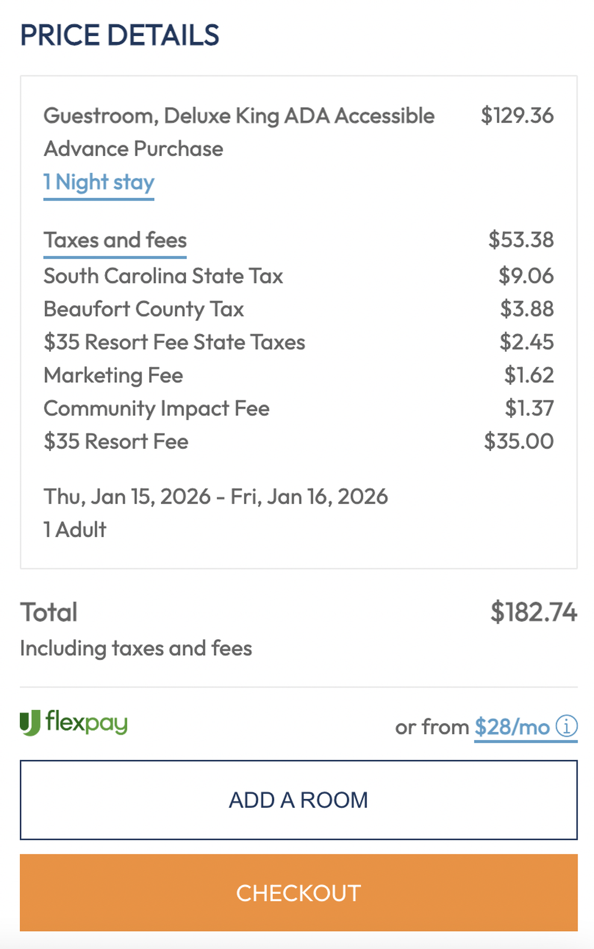 When checking out for a stay at Beach House Hilton Head, guests will see a price breakdown, including state and local taxes, and a list of fees, including a $1.62 marketing fee.