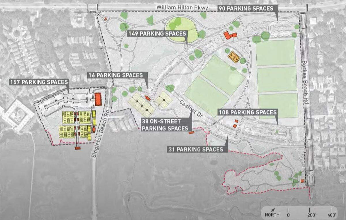 A proposed design for Chaplin Community Park indicating where parking spaces could be added. Graphic created by MKSK.