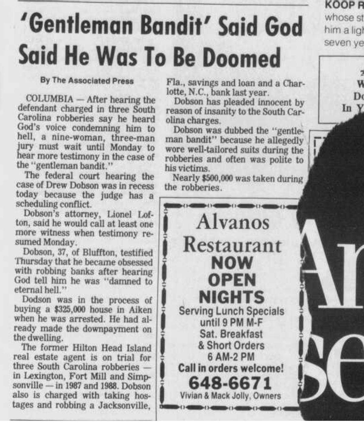 An Associated Press news article from the May 5, 1989 Aiken (S.C.) Standard newspaper where Drew Mills Dobson plead innocent by reason of insanity and told the courtroom God told him that he would be “damned to eternal hell.”