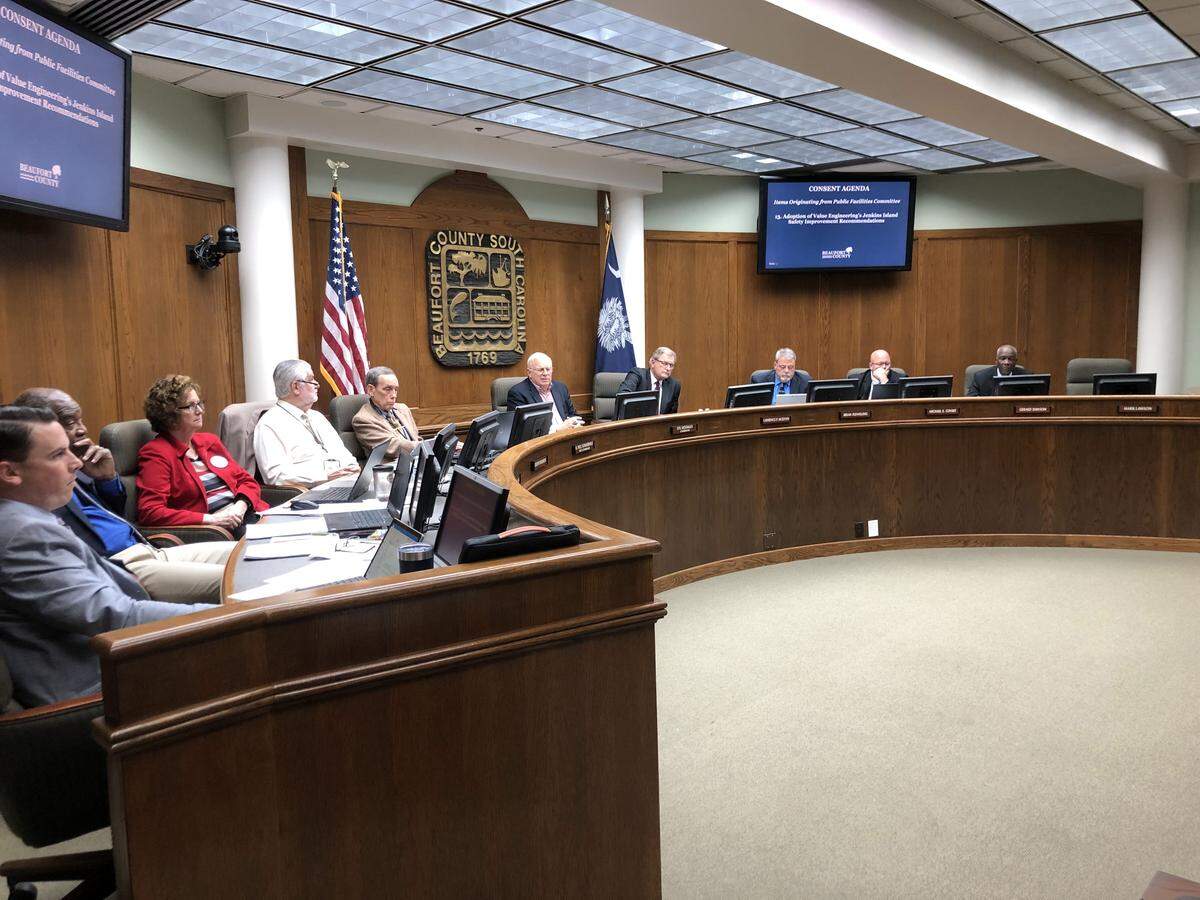 Ten Beaufort County Council members listen to a presentation by Jennifer Bragg on U.S. 278 Monday night.