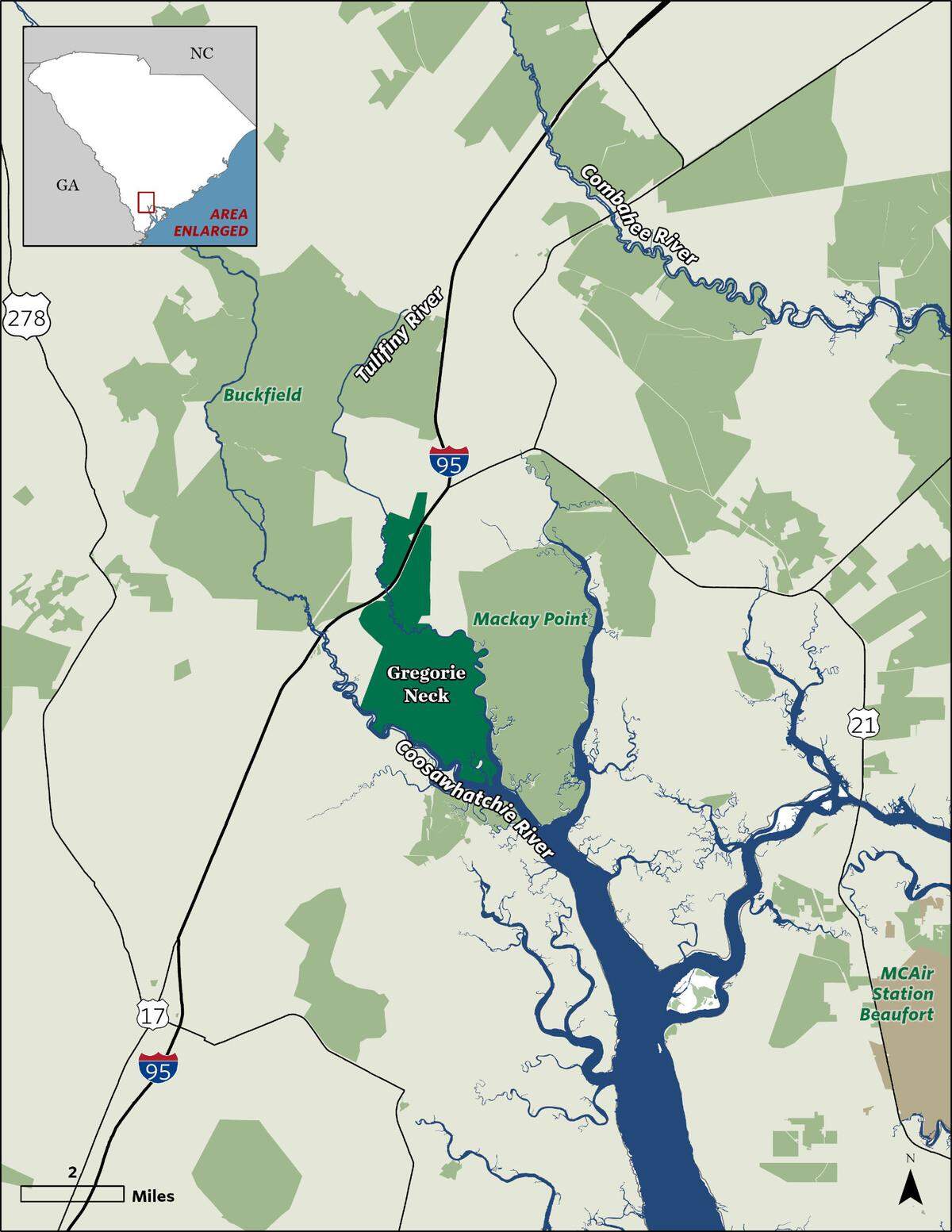 The 4,409-acre Gregorie Neck property in Jasper County, South Carolina, which is now under a conservation easement, is shaded in dark green.