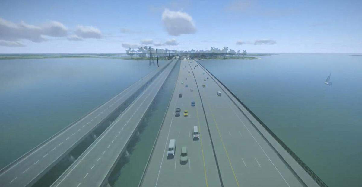 This still from a video animation released July 7, 2021 shows the preferred plan for the new six-lane bridge that would connect the mainland with Jenkins Island, which includes a 10-foot multi-use path as seen on the far right. The existing bridges, which would be removed, are seen to the left.