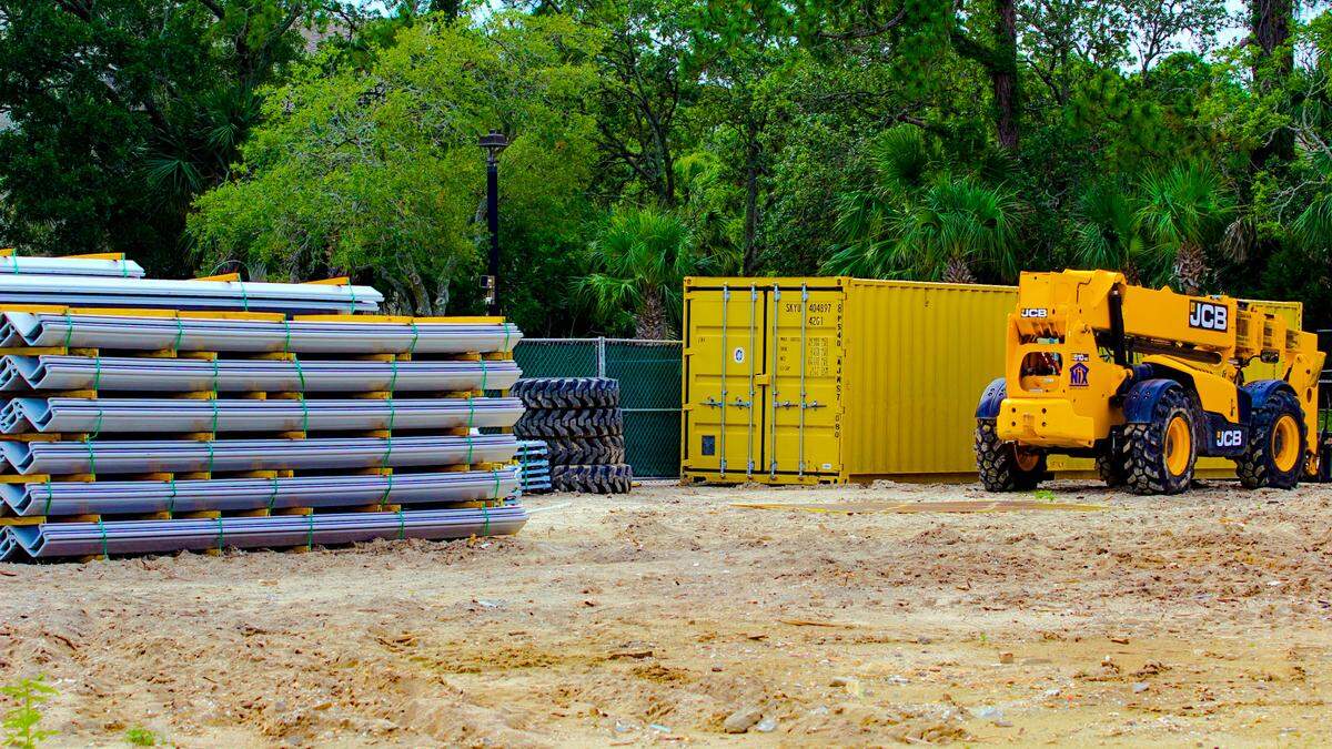Vinyl sheet piling sits next to a telescopic handler at the Salty Dog construction site on May 30, 2025. With demolition of the existing structure now complete, it’s not clear how long it will take to build the new complex.