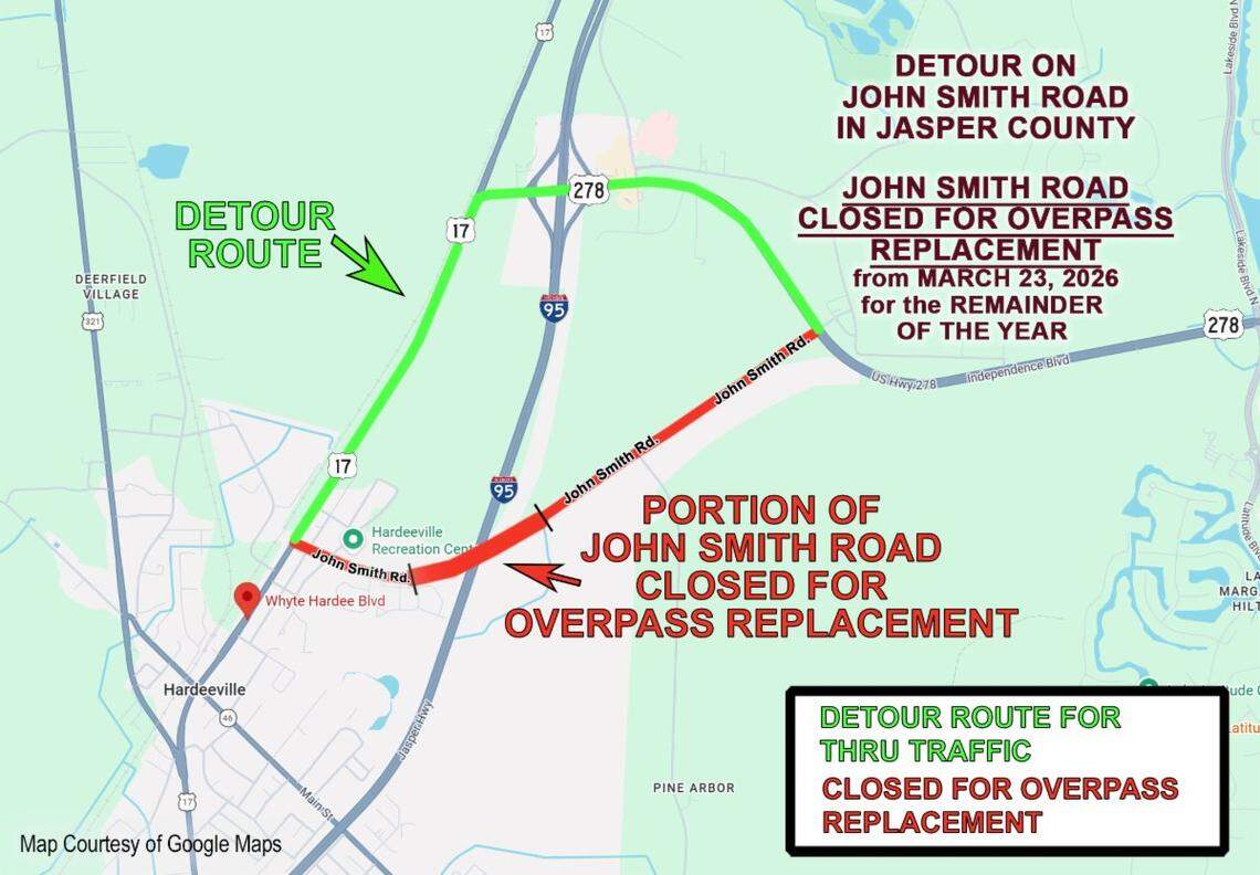 Drivers in the Hardeeville area will be asked to use Exit 5 or Exit 8 through U.S. 17 when John Smith Road and its bridge over Interstate 95 closes beginning March 23, 2026, according to the South Carolina Department of Transportation.
