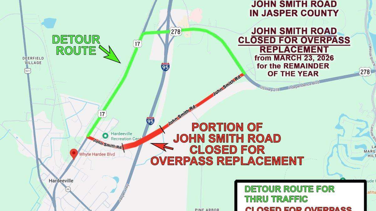 Drivers in the Hardeeville are asked to use Exit 5 or Exit 8 through U.S. 17 when John Smith Road and its bridge over Interstate 95 closes beginning March 23, 2026, according to the South Carolina Department of Transportation.