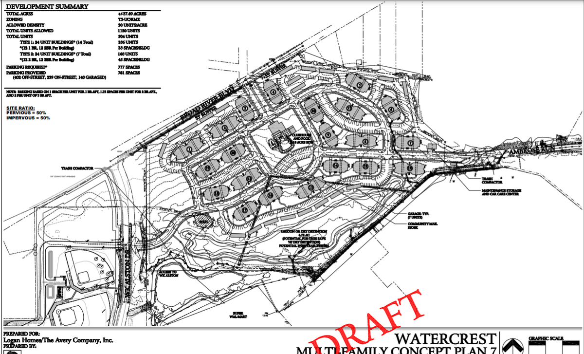 A concept plan for the proposed Water Crest Apartments.