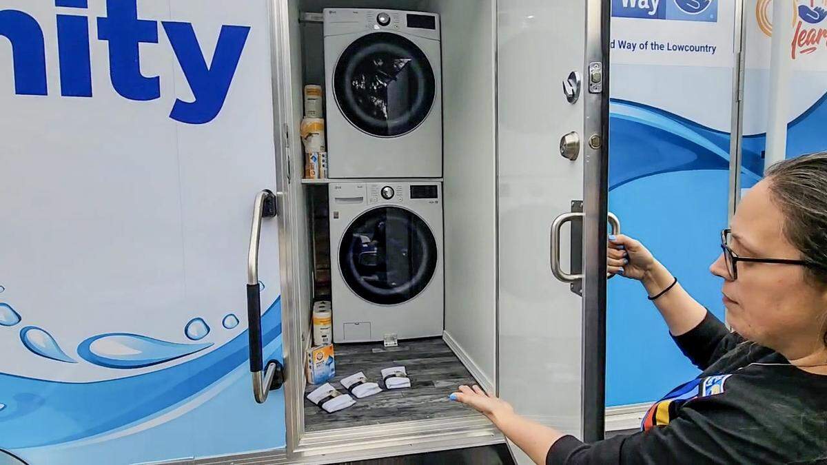 The stackable washer and dryer as displayed by Angela Boswell, community impact manager for the United Way of the Lowcountry at the non-profits office on Feb. 20, 2025, in Beaufort.