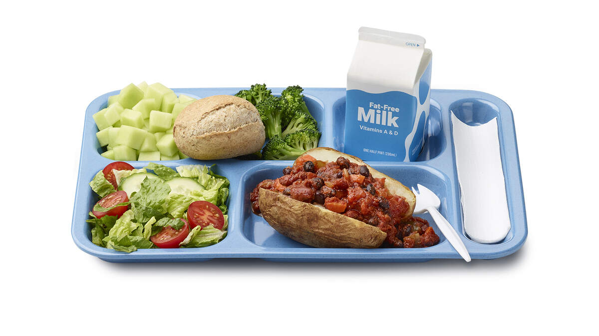 School meals must meet federal meal pattern requirements, but school districts choose what foods go on the menu. This is an example lunch tray from Greenville County Schools, South Carolina.