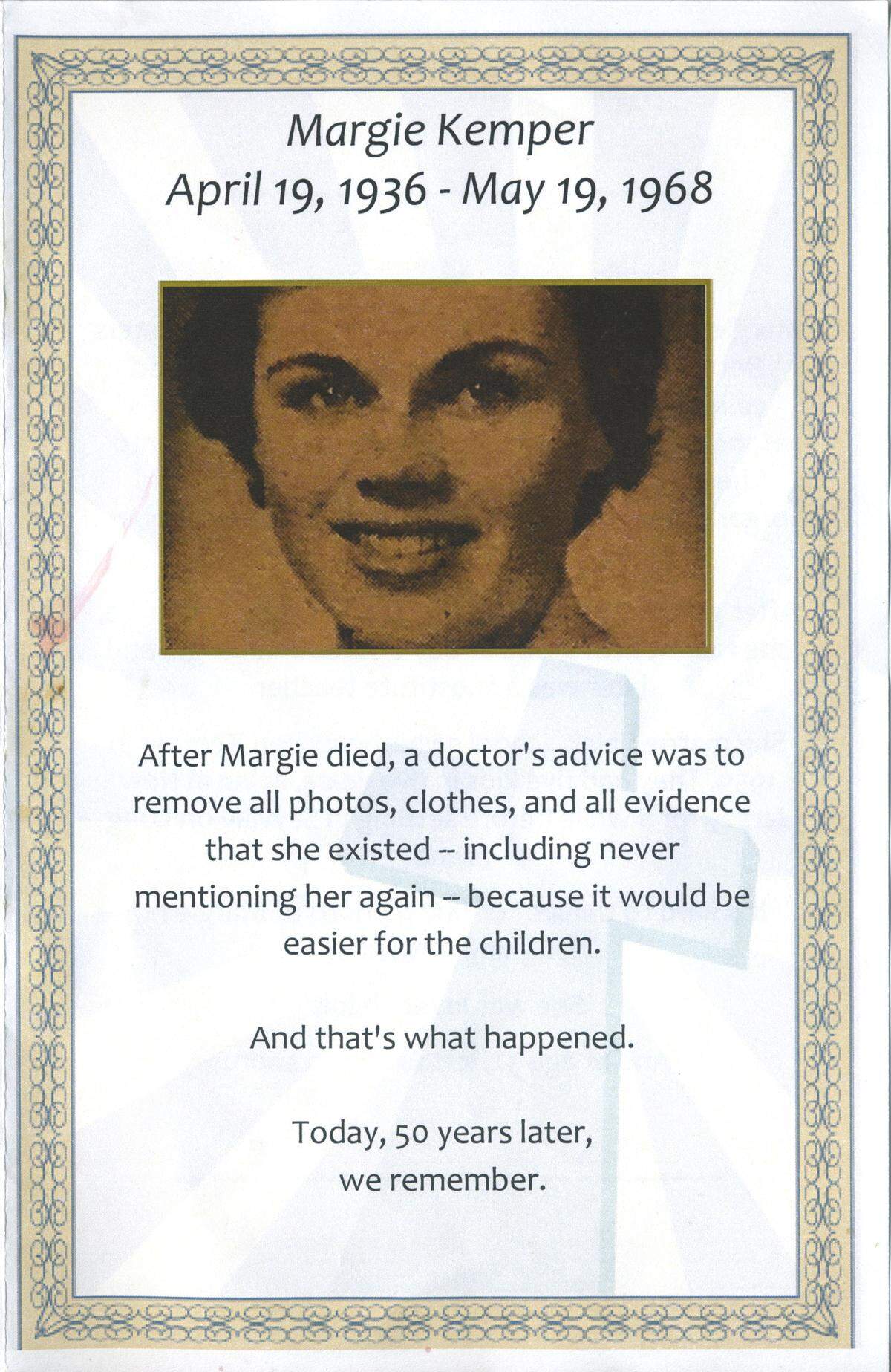 Bitsy Kemper designed the program for a celebration of life for her late mother, Margie Kemper, who died 50 years ago in New York.