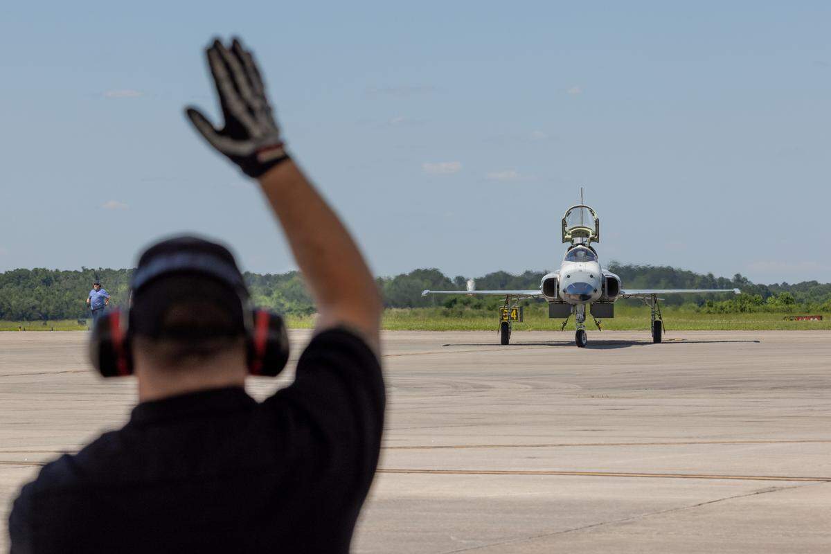 U.S. Marine Corps F-5N Tiger IIs arrive on May 30, 2024 at Marine Corps Air Station Beaufort. VMFT-402 will be officially designated the Marine Corps’ second adversary squadron in September.