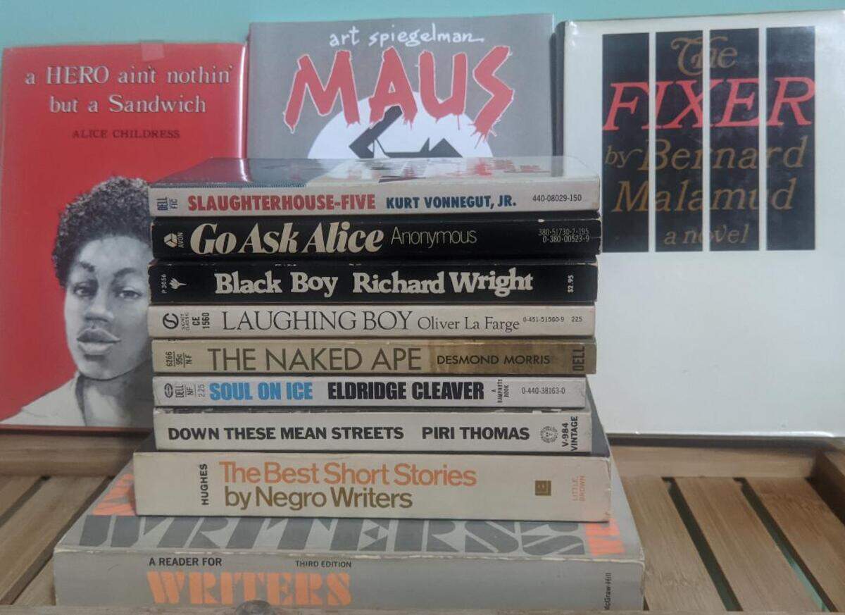 The 11 books banned in Island Trees are shown, plus MAUS (published in 1986) banned from curriculum in 2022 in Tennessee; MAUS is Art Spiegelman’s Pulitzer Prize-winning story of his parents who survived the Auschwitz death camp; his mother died by suicide.