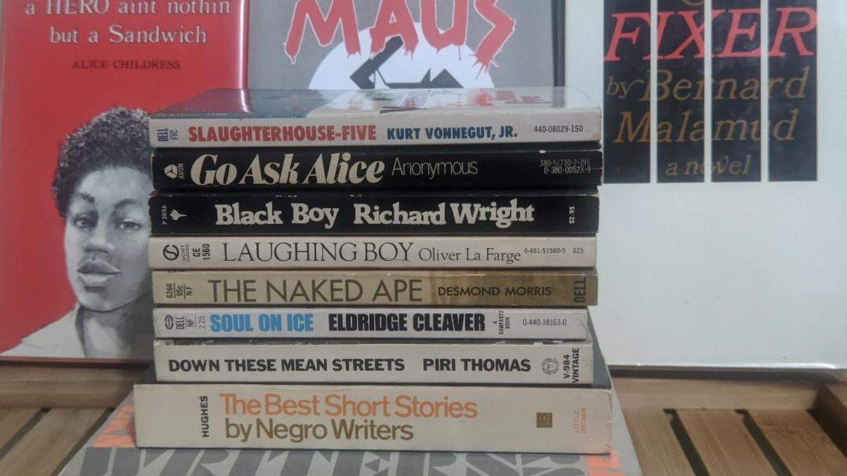 The 11 books banned in Island Trees are shown, plus MAUS (published in 1986) banned from curriculum in 2022 in Tennessee; MAUS is Art Spiegelman’s Pulitzer Prize-winning story of his parents who survived the Auschwitz death camp; his mother died by suicide.