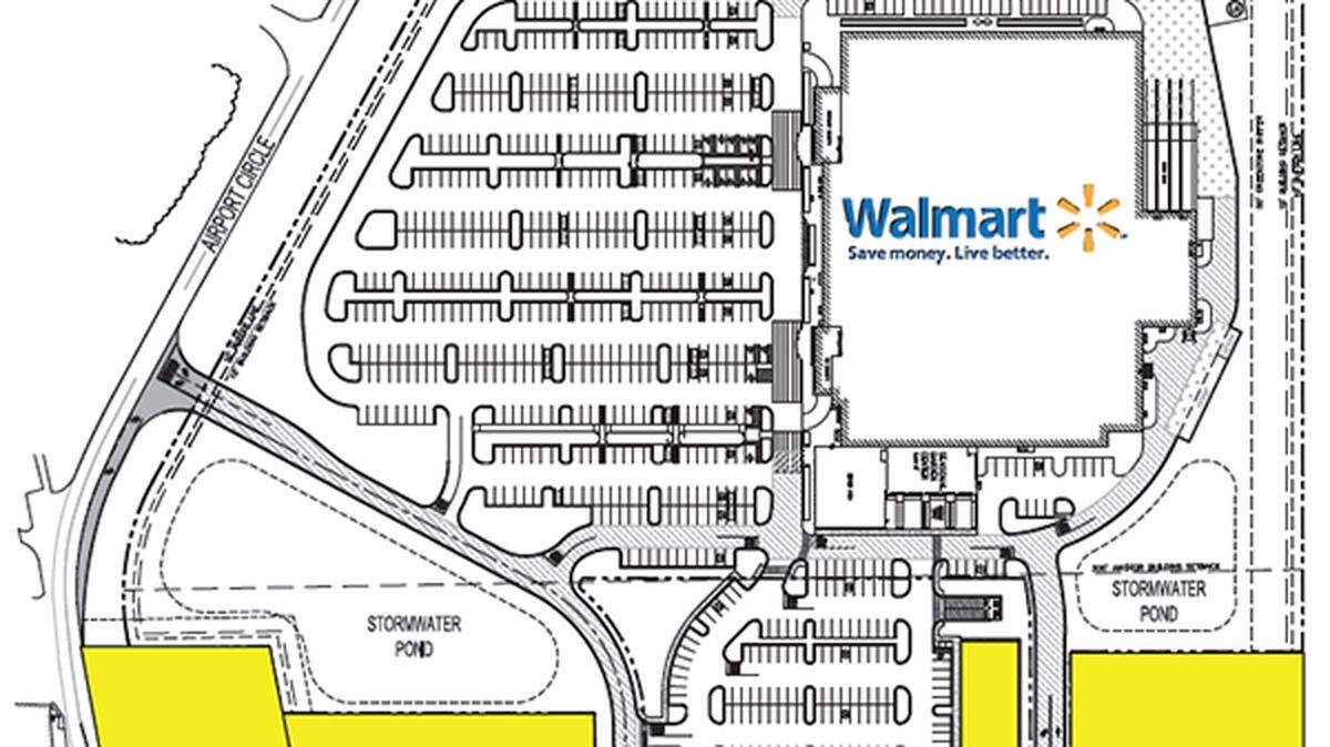 A detail from an early version of WRS Real Estate Investments' layout of a proposed Lady's Island Walmart showing the location of surrounding retail space (in yellow).