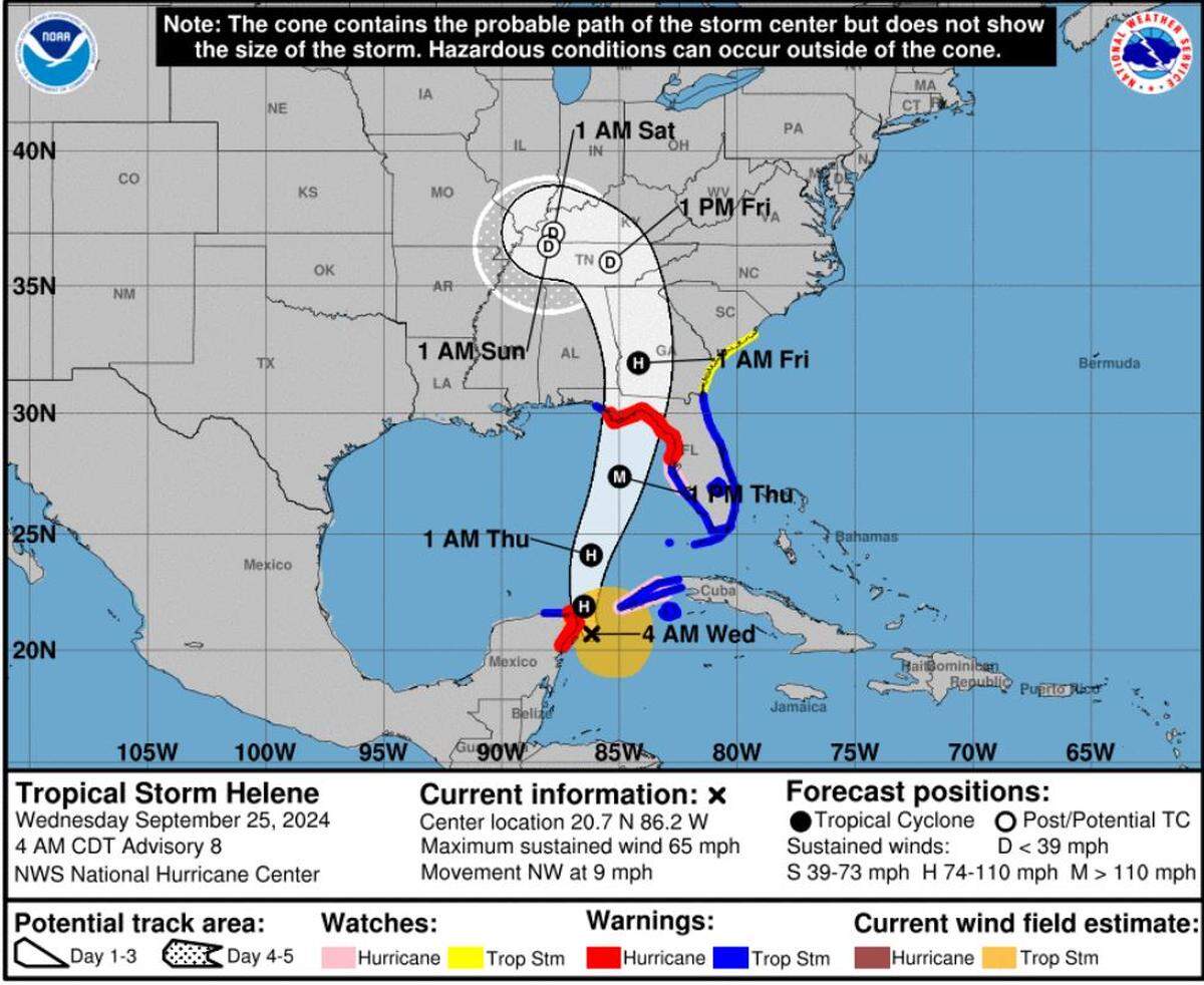 Forecast cone for Tropical Storm Helene on Wednesday, Sept. 25, 2024.