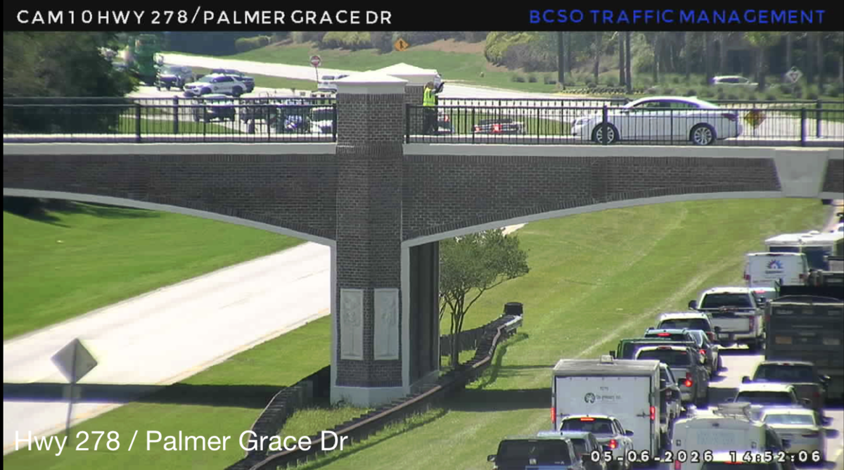 A traffic camera view showed traffic stopped on both lanes of U.S. 278 the afternoon of May 6, 2026, shortly after a crash near the highway’s intersection with Sun City Boulevard.