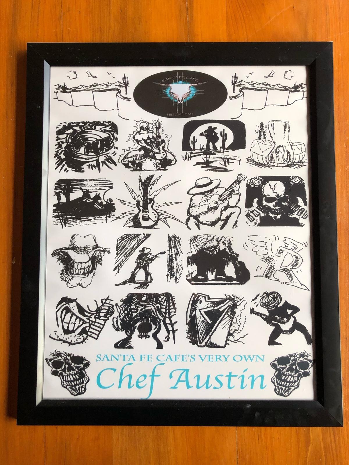 Photos of designs Austin Harris drew on restaurant to-go boxes at Santa Fe Café, where he was a chef for nearly 20 years. Harris died Dec. 17, 2020.