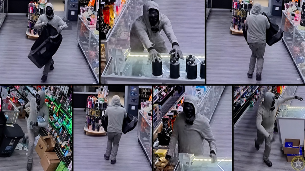 Sheriff’s deputies released these images showing a person wearing a gray hoodie and a black face cover stealing merchandise from Smoke City on Bluffton’s Burnt Church Road in the early morning hours of June 21, 2026. Police asked for help identifying the burglar caught on surveillance footage, described as having a “unique gait.”