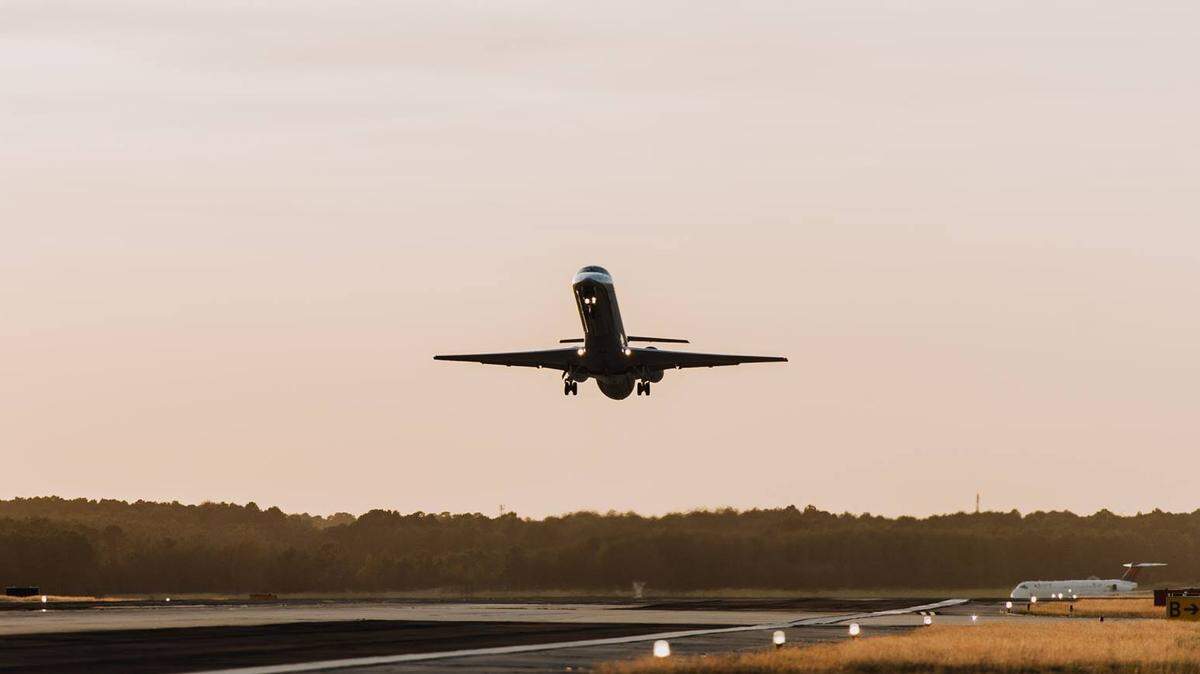 A plane takes off from the Savannah- Hilton Head International Airport.