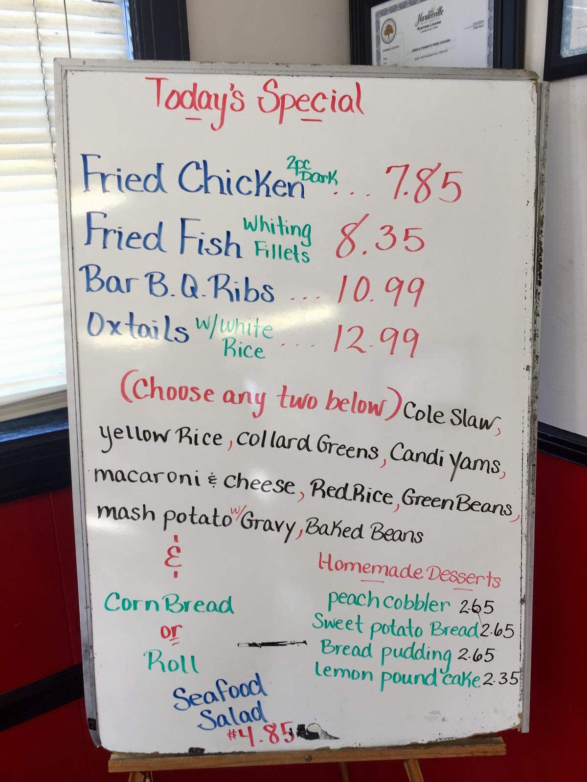 A Friday morning specials board at Gwen & Franny’s