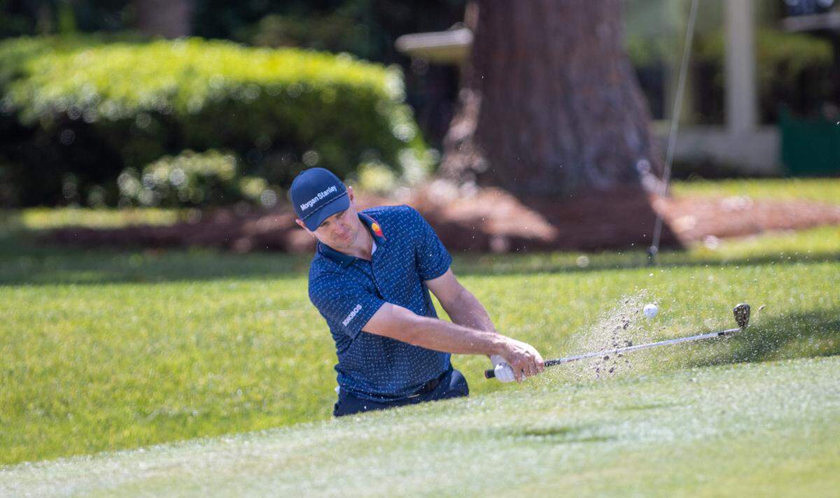 Justin Rose blasts his way out of a sand trap on 16 during the second round of the RBC Heritage Presented by Boeing at Harbour Town Golf Links on Friday, April 14, 2023 in Sea Pines on Hilton Head Island.