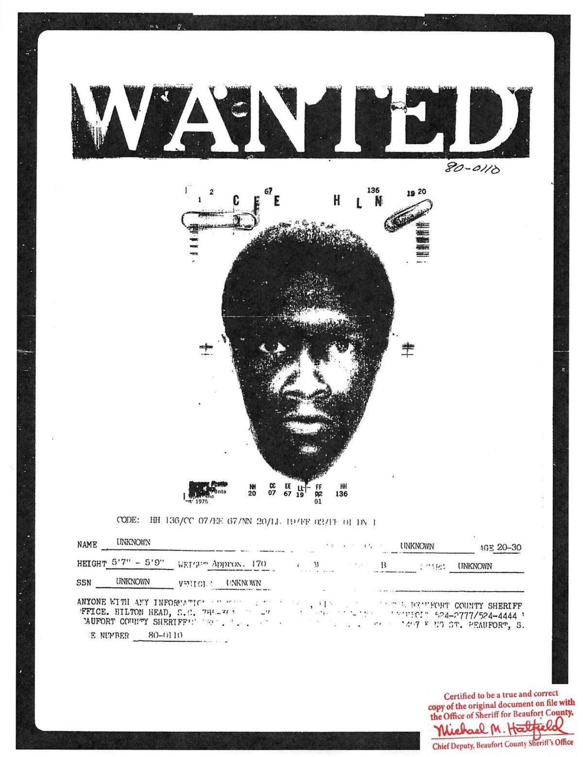 Soon after the crime, the Beaufort County Sheriff’s Office distributed this wanted poster of the suspect in the Jan. 5, 1980, murder of David Krulewicz and rape of Susan Weed, just outside Beaufort.