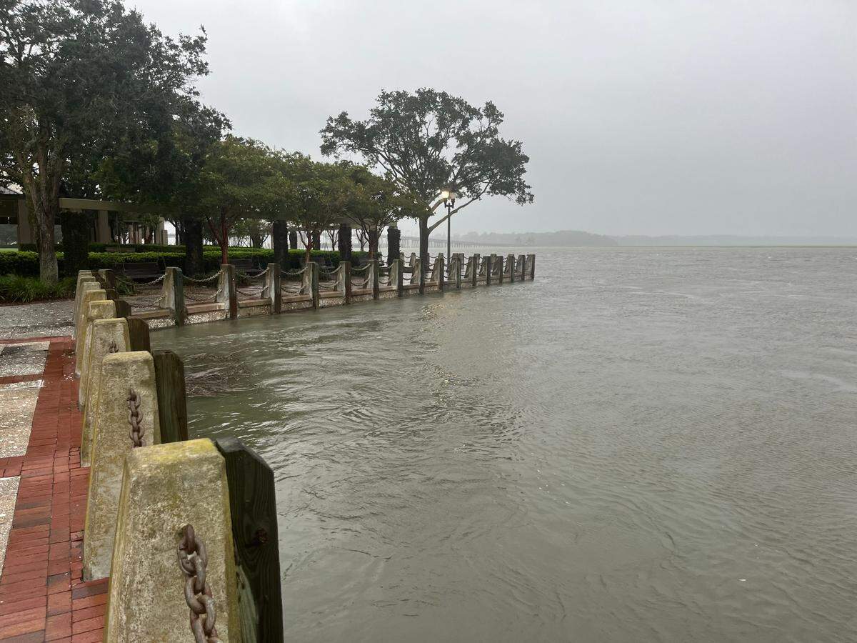 The Beaufort River surged Wednesday evening but it did not overtake Beaufort Waterfront Park.