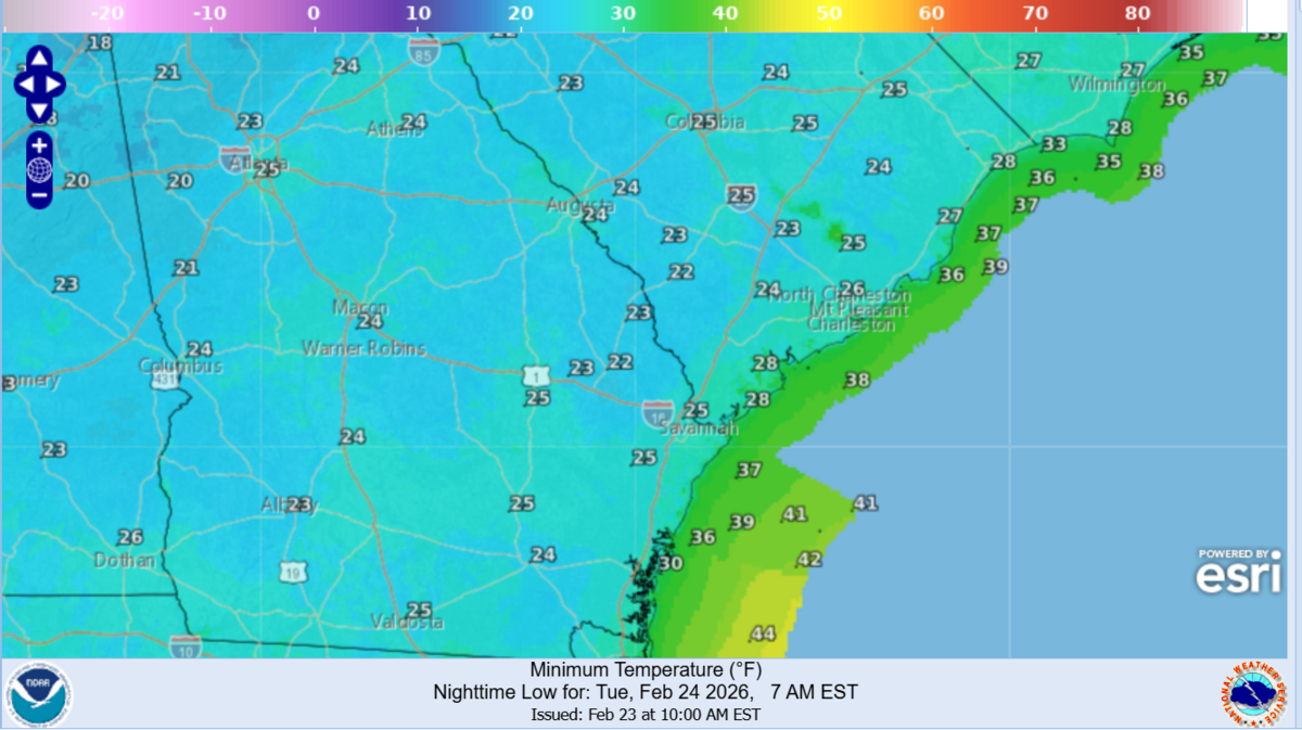This forecast map from the National Weather Service shows projected low temperatures for Tuesday, Feb. 24, 2026 at 7 a.m.