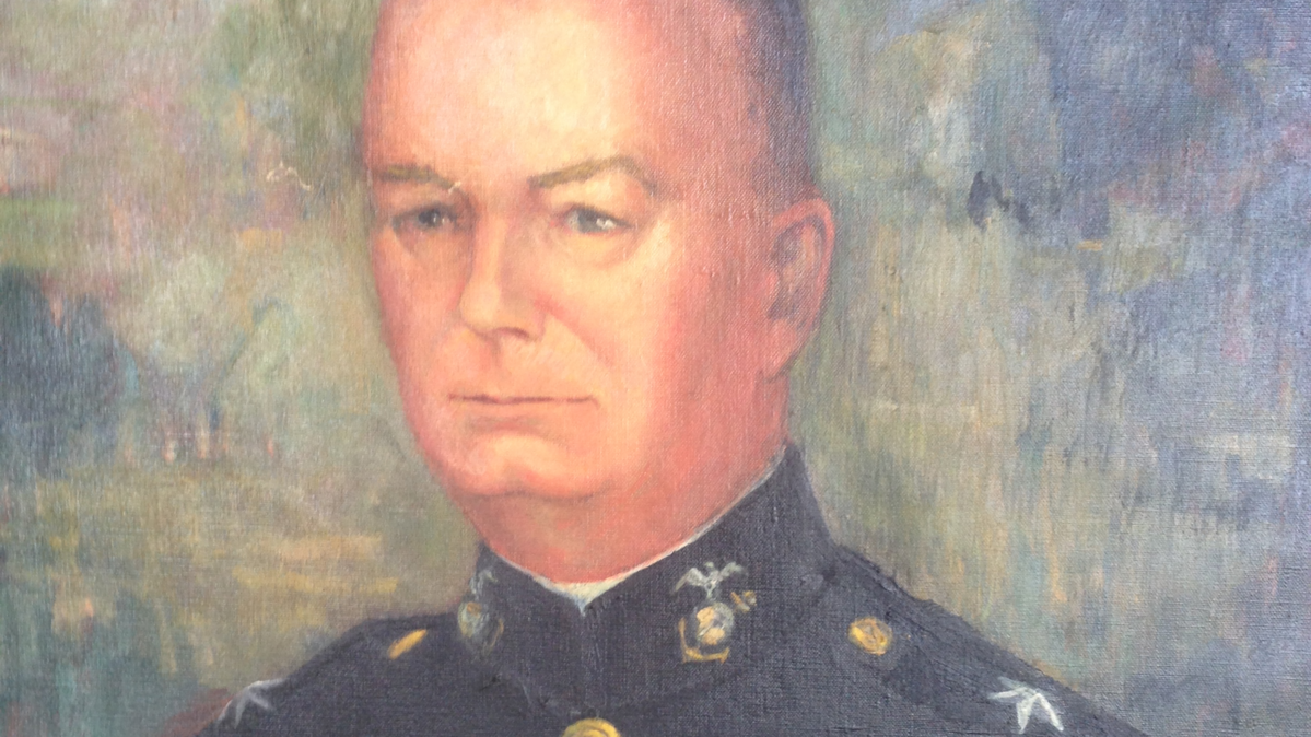 An oil painting of Richard "Hall" Jeschke, who as a Marine Corps colonel in 1944 helped plan the D-Day landings in Normandy, France, during World War II. He was awarded the Legion of Merit for his part in the operation.