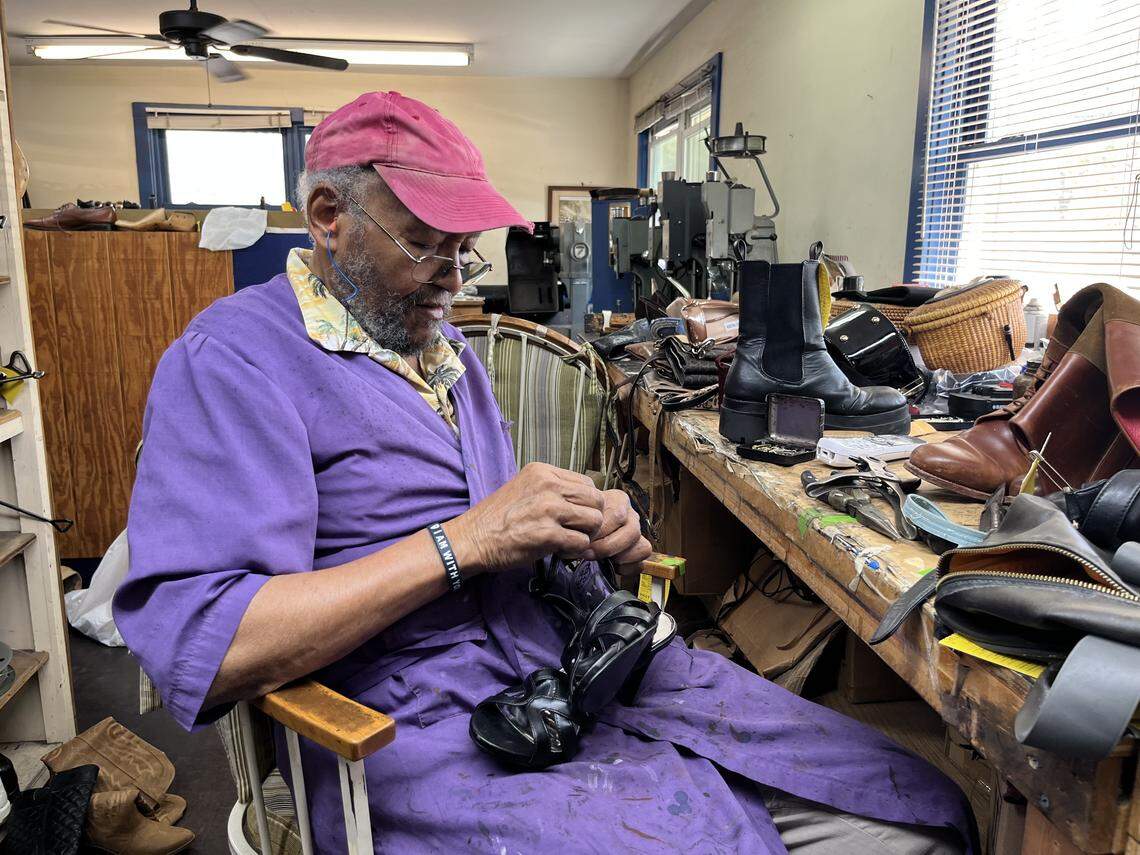 Stephen Mobley repairs a shoe at his repair shop on Old Jericho Road in Beaufort. “If you get a good quality shoe, it will last a lifetime,” he says.