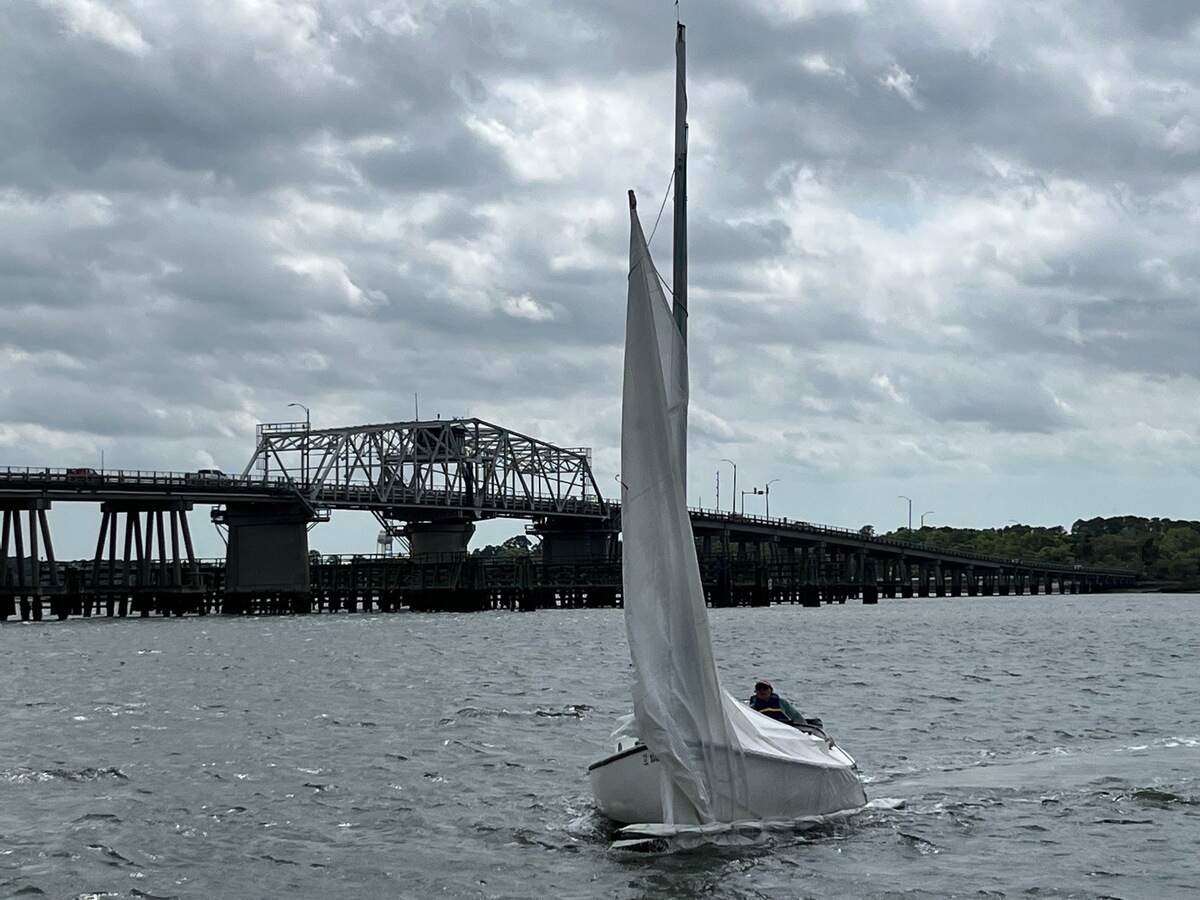 High winds made for difficult sailing conditions during the The Santa Elena Regatta. This participant had to call it quits and steer the boat to the day dock in Beaufort.