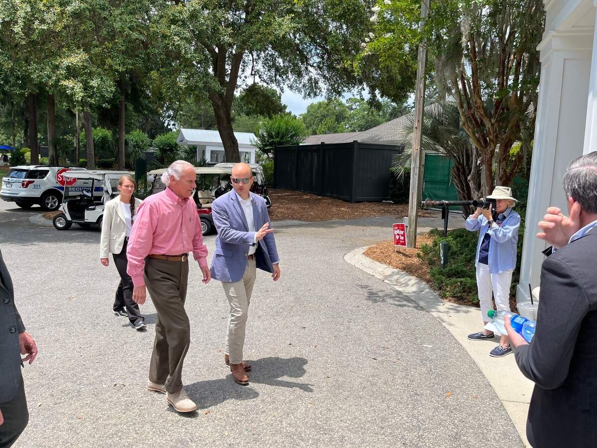 Gov. Henry McMaster arrives Saturday at a speaking event at Indigo Hall at the Indigo Run community. A group called Friends of Liberty invited the governor.