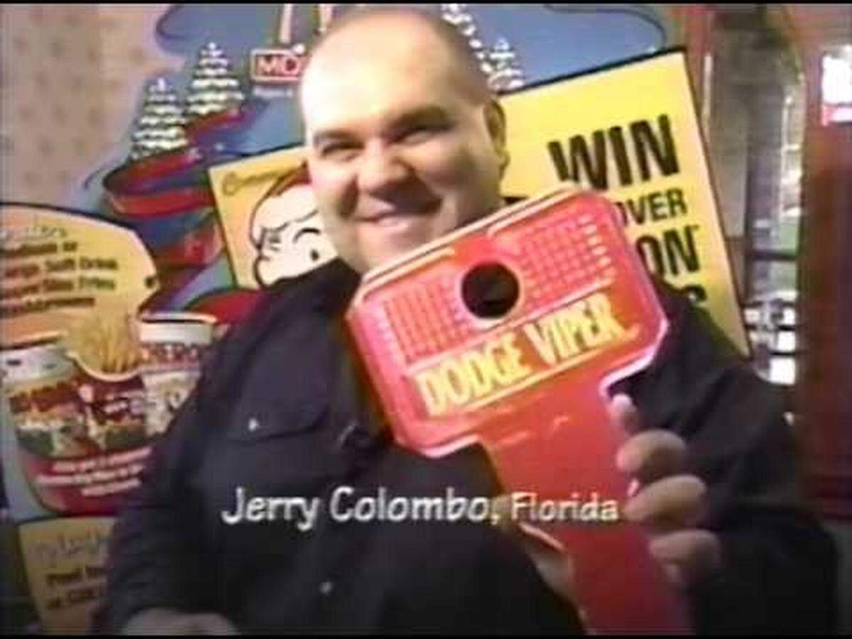 Jerry Columbo, one of the men who rigged the McDonald’s Monopoly game between 1989 and 2001, appears in a commercial with a key to a car he won in the game. Columbo died in 1998 before facing any consequences for the scheme.