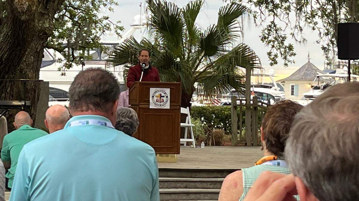Local ministers speak at a sunrise church service Sunday on the final day of the RBC Heritage Presented by Boeing golf tournament at Harbour Town Golf Links in Sea Pines.