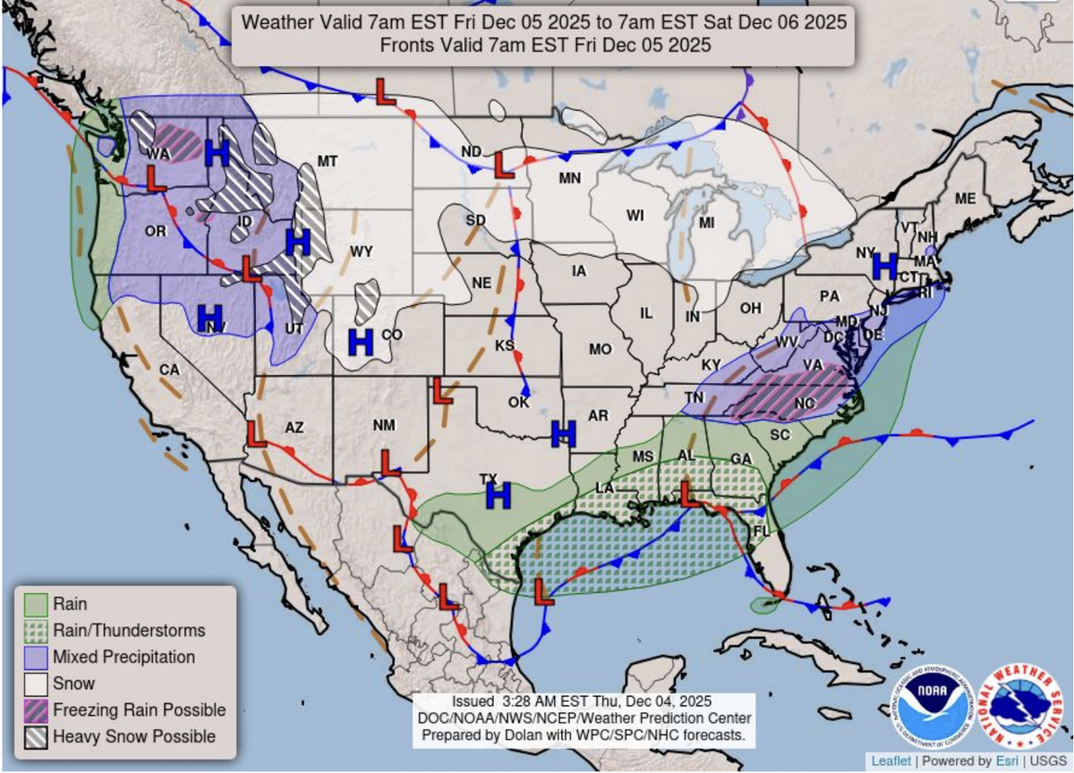 The National Weather Service says a broad stream of moisture will continue to move into the southeast, keeping light to moderate rain in the forecast through the weekend of Dec. 6  and7, 2025.