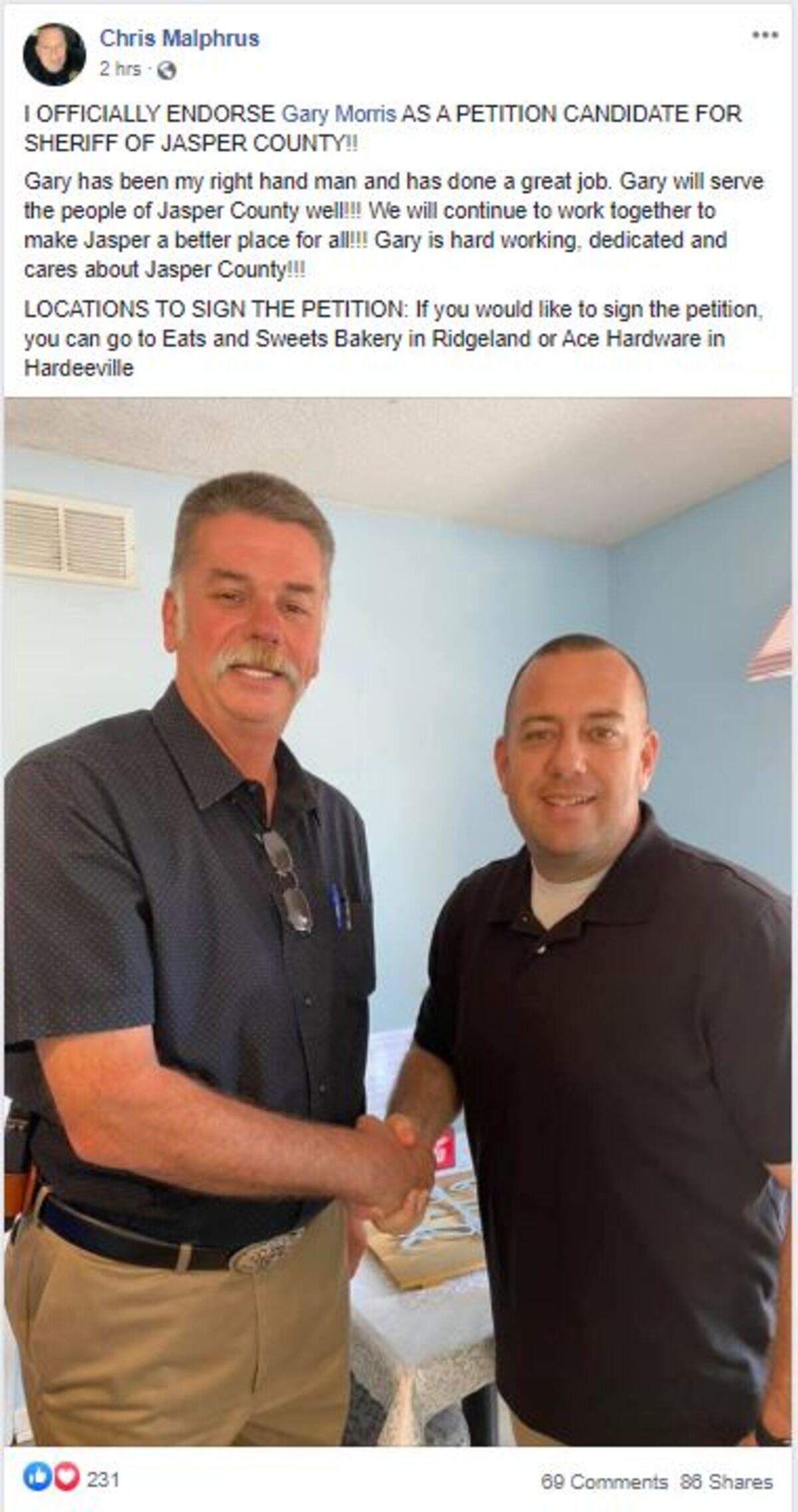 Current Jasper County Sheriff Chris Malphus endorsed his chief deputy Gary Morris for sheriff in November.