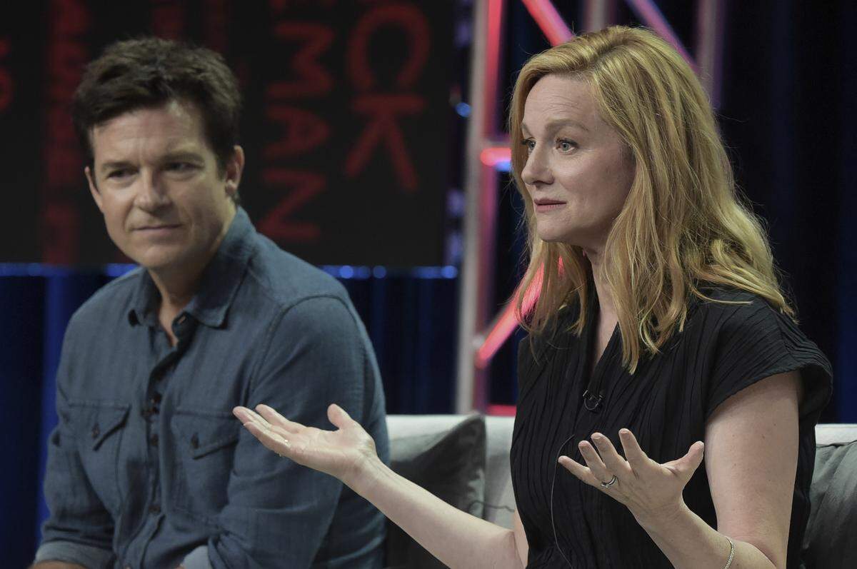 Jason Bateman, left, and Laura Linney participate in the “Ozark” panel during the TCA Summer Press Tour on Sunday, July 29, 2018, in Beverly Hills, Calif.