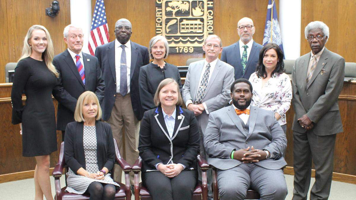 The Beaufort County Board of Education. Members in the front row includes (seated, left to right) Vice Chair Cathy Robine, Chair Christina Gwozdz and Secretary William Smith. The back row includes (standing, left to right) Rachel Wisnefski, Richard Geier, Melvin Campbell, Patricia Fidrych, John Dowling, David Striebinger, JoAnn Orischak and Earl Campbell.