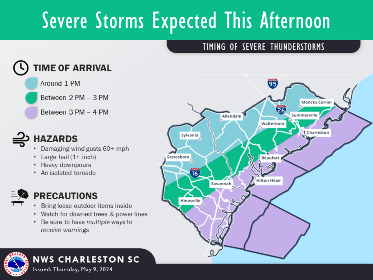 Timing of expected thunderstorms on Thursday, May 9, 2024.