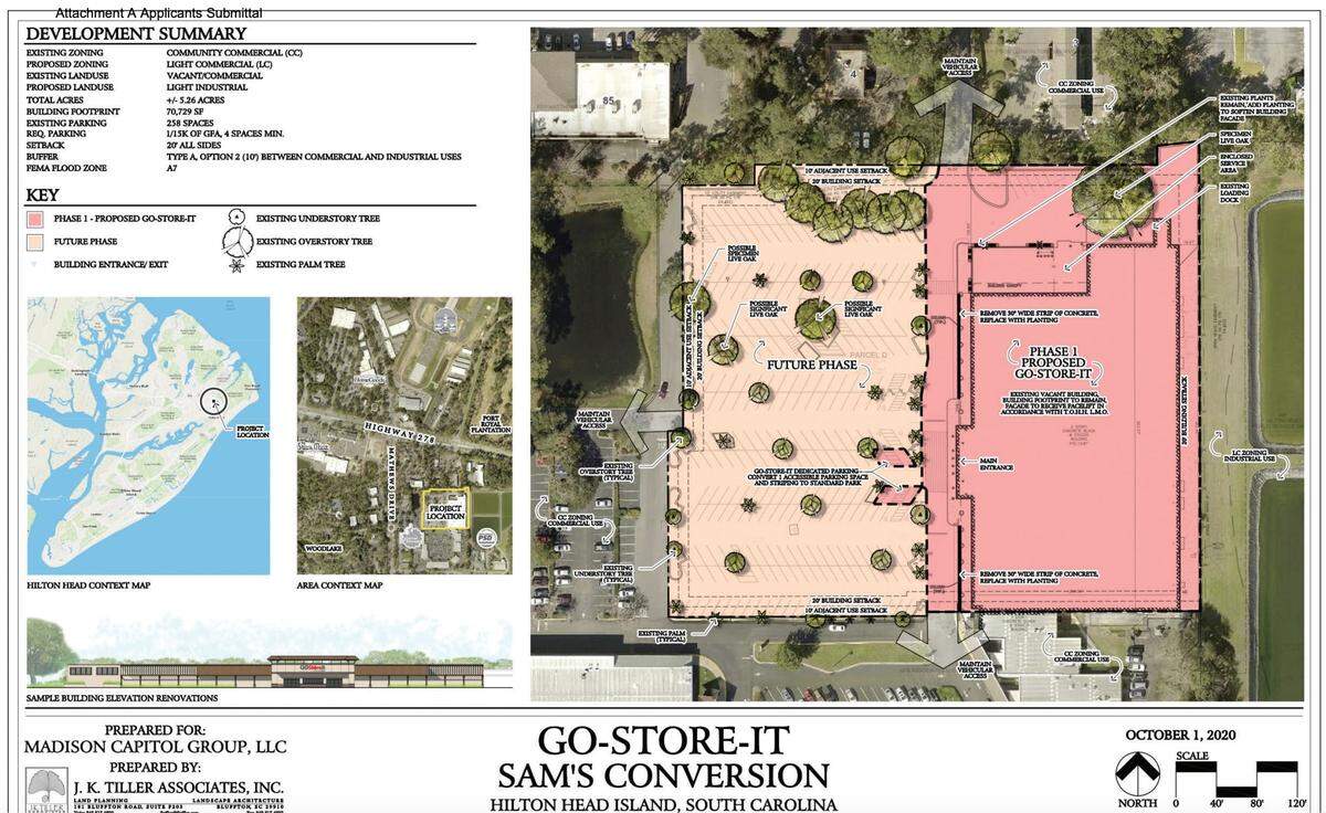 A rendering of Go Store It, a self-storage facility proposed for Hilton Head Island’s vacant Sam’s Club building in Port Royal Plaza. The building would be “phase one” of the project, while future development of the parking lot would be a future phase, according to the plan.