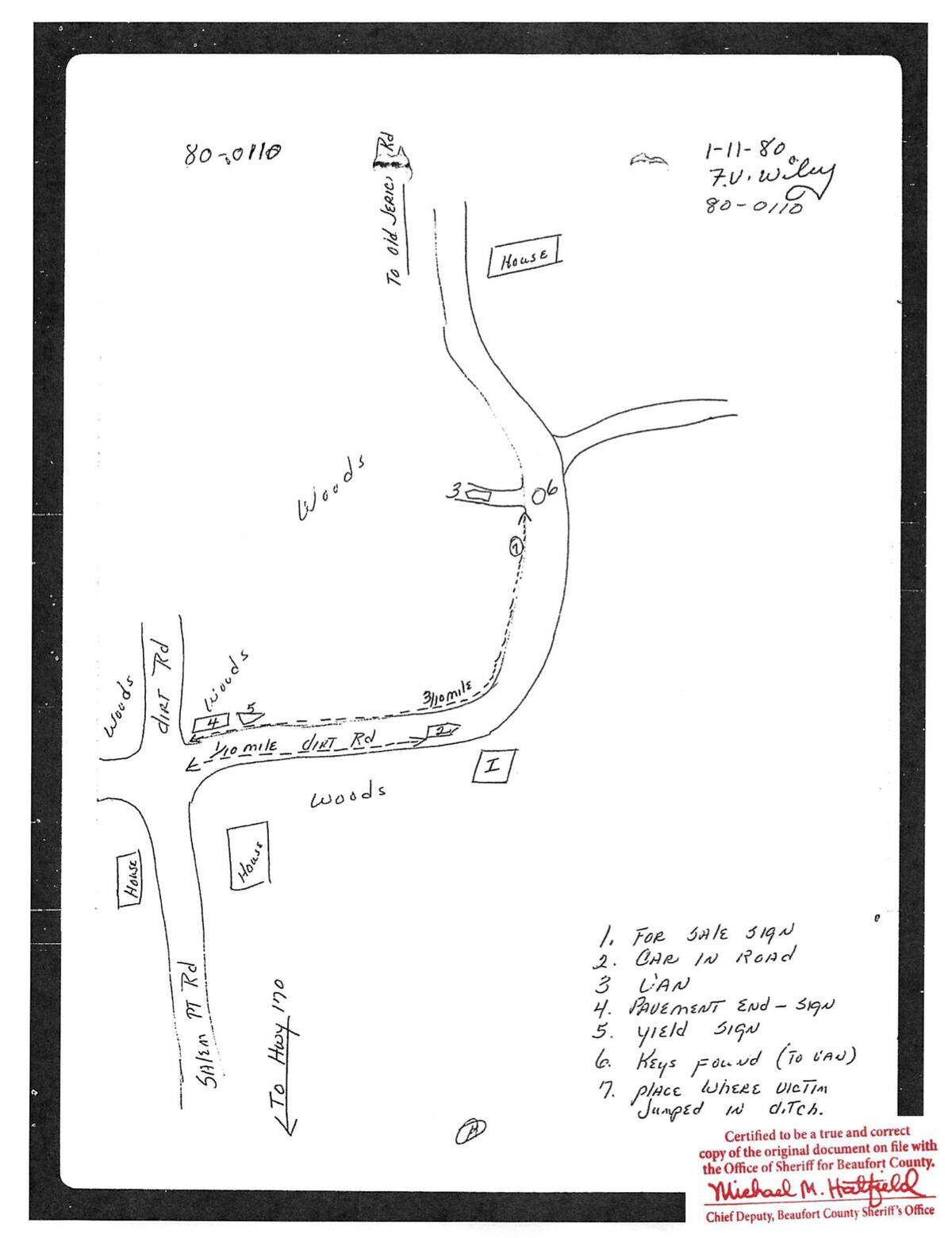 Beaufort County deputies made this hand-drawn map of distances from key locations in the investigation to the Jan. 5, 1980, crime scene.