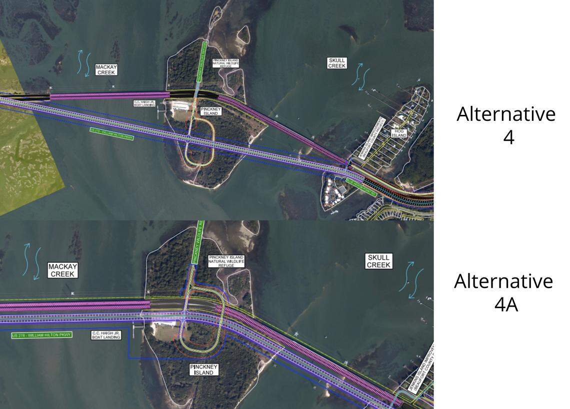 A comparison between alternative 4 and 4A from SCDOT. The pink represents the existing highway and the purple represents the future highway at Pinckney Island National Wildlife Refuge.