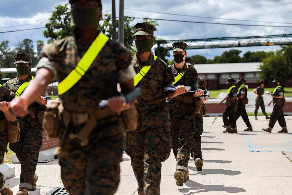 Recruits with November Company, 4th Recruit Training Battalion, participate in daily training aboard Marine Corps Recruit Depot Parris Island April 21, 2020.