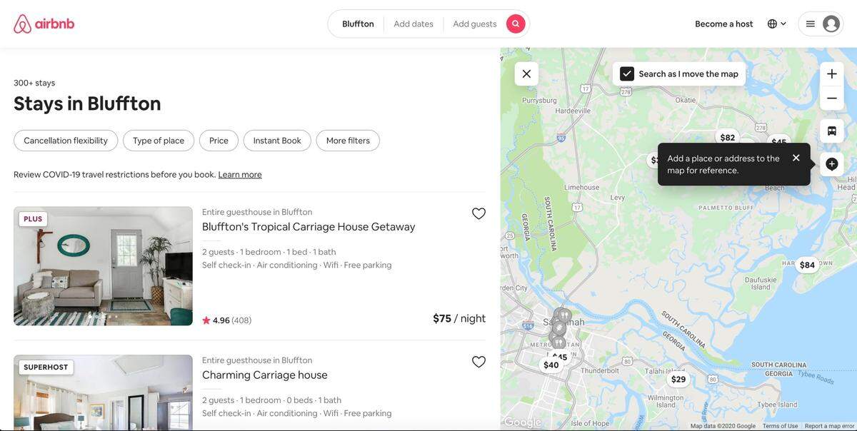 A screenshot of rental listings in Bluffton on Airbnb.