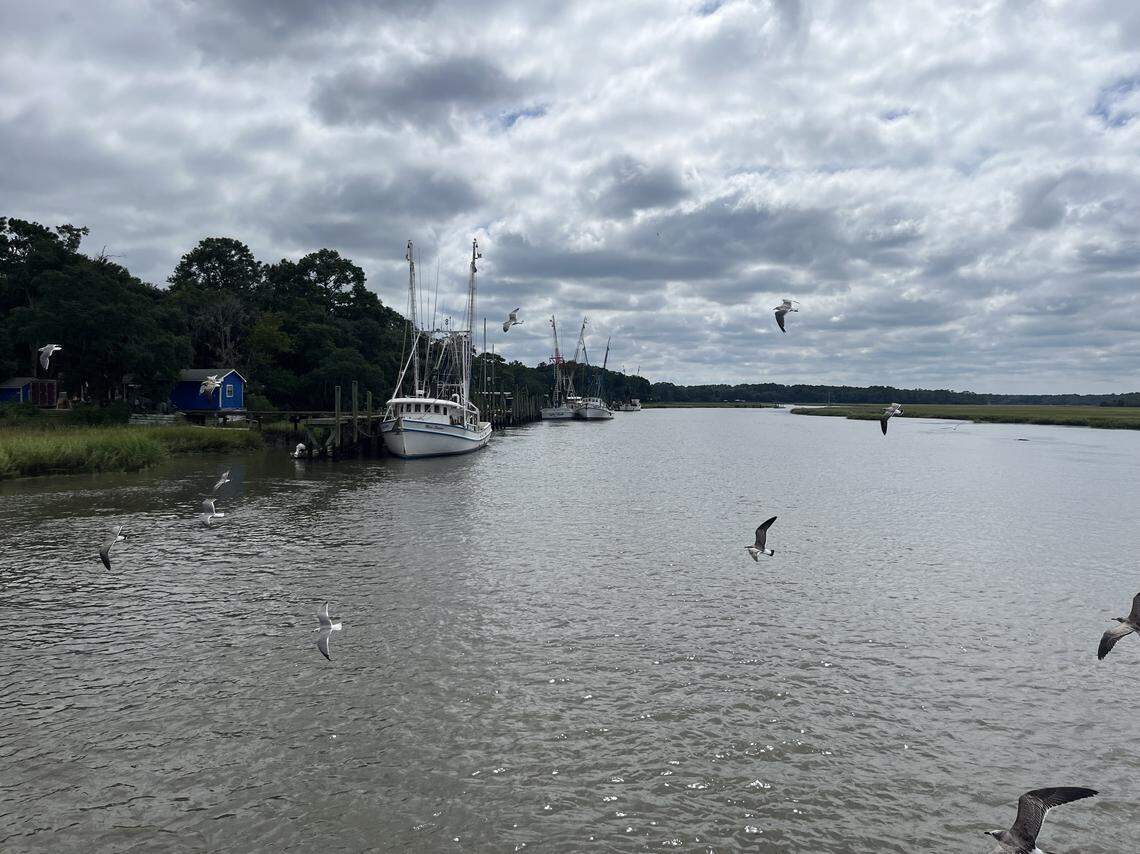The crew of the Gracie Bell returns to Village Creek after an afternoon of shrimping on St. Helena Sound.
