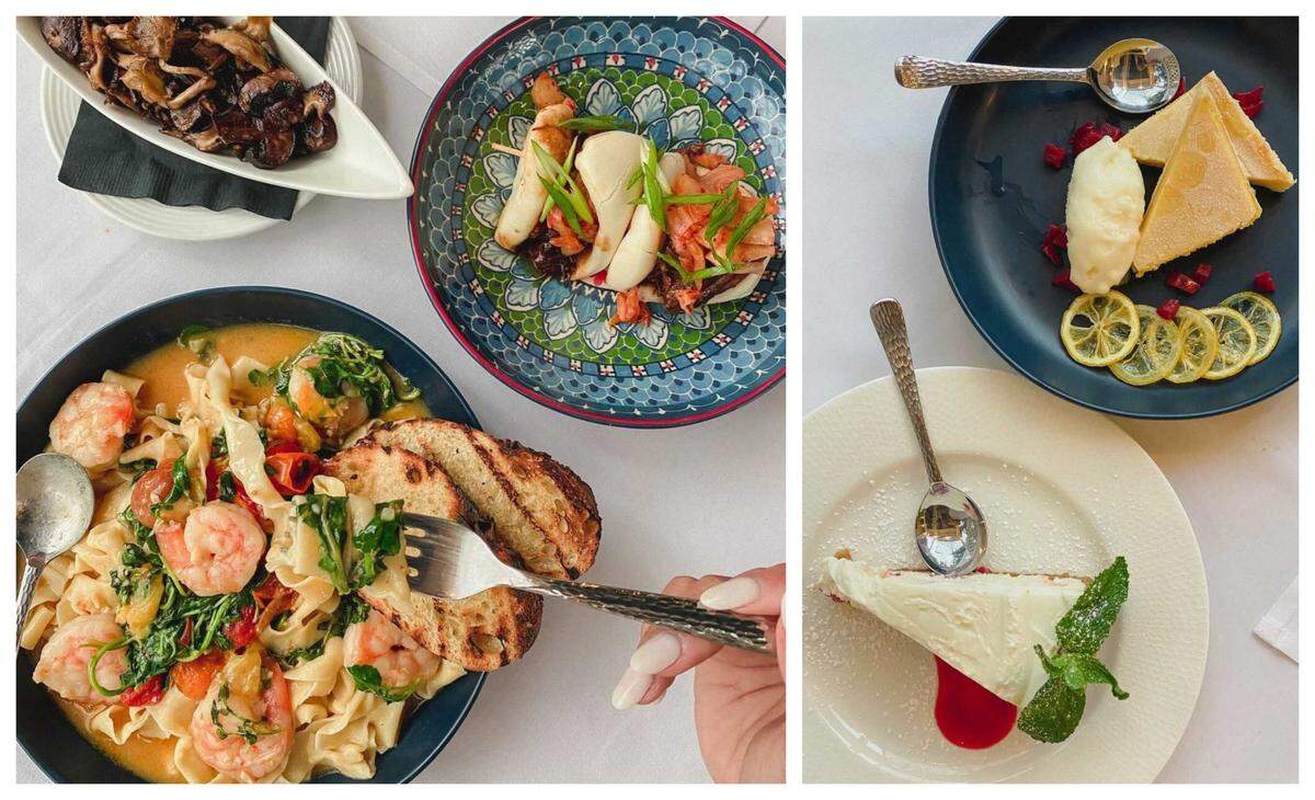 Bluffton-based influencer Hannah Joy Cagas sampled the menu during Lulu Kitchen’s soft opening and returned for a second meal another night. Pictured: Tagliatelle con Gamberi with local shrimp, pan-roasted wild mushrooms and Korean bao buns (left) along with white chocolate raspberry cheesecake and Death by Lemon desserts (right).