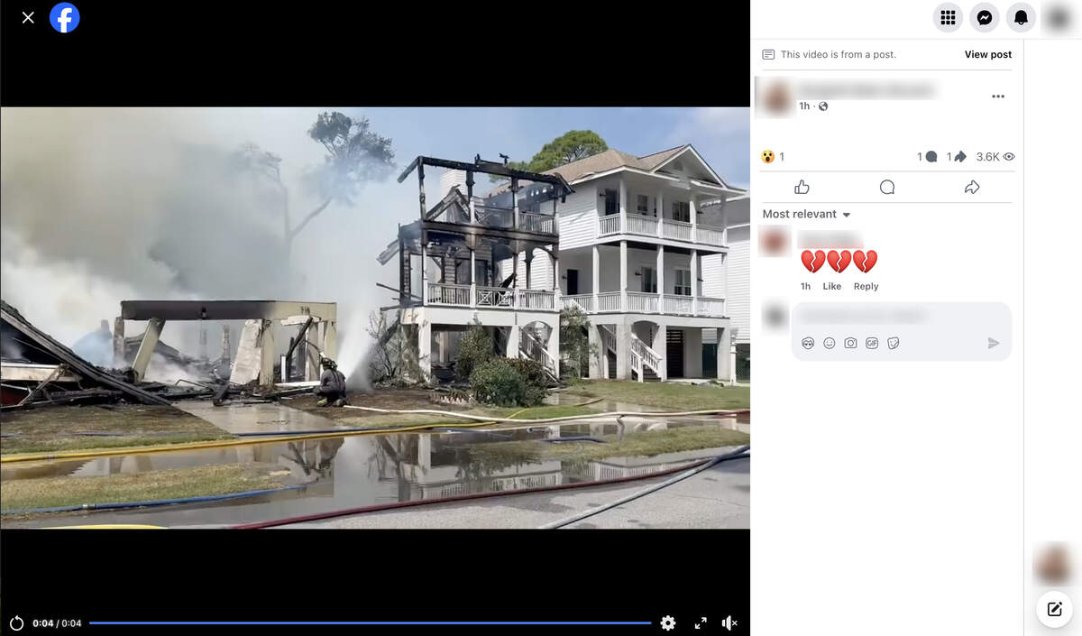 A screen capture of the fire on Fripp Island posted to Facebook on Aug. 16, 2025.