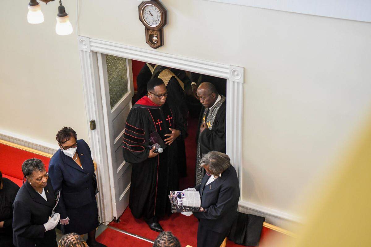 Ministers prepare to enter the sanctuary on May 3, 2025, for the celebration of life funeral for Rev. Kenneth Hodges at the Tabernacle Baptist Church in Historic Downtown Beaufort.