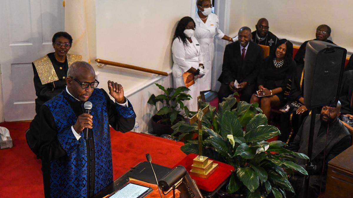 Childhood friend Rev. Nelson B. Rivers, III, pastor of Charity Missionary Baptist Church in North Charleston, S.C., shares words of comfort with the congregation on May 3, 2025, at the celebration of life funeral for Rev. Kenneth F. Hodges at the Tabernacle Baptist Church in Historic Downtown Beaufort.