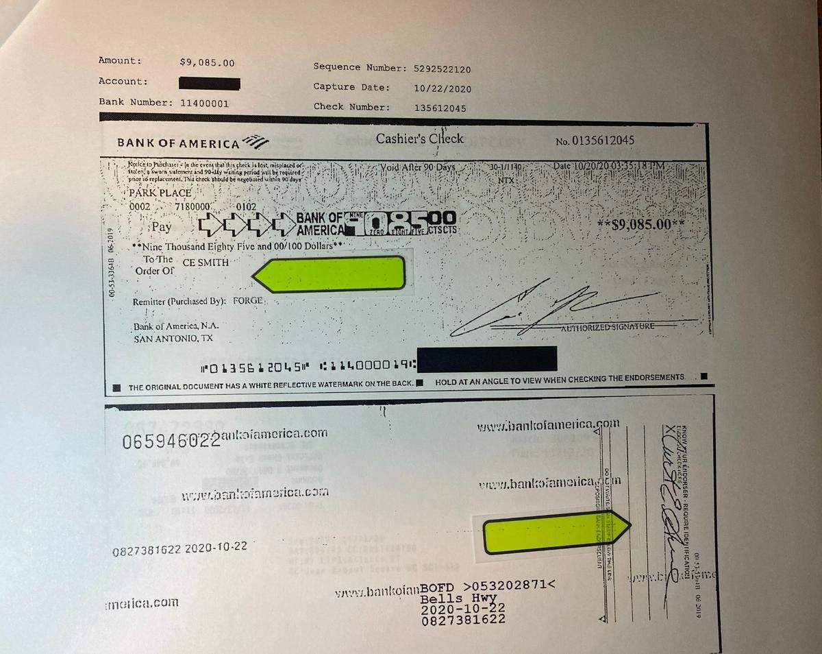 A $9,085 Bank of America cashier’s check from Alex Murdaugh to Curtis Smith and endorsed by Smith’s signature, dated as Oct. 22, 2020. This check is one of 17 obtained by the State and Island Packet newspapers totaling to $155,970 between October 2020 to May 2021 and is the first indication of a financial relationship between the two men that began months before the alleged staged murder attempt. NOTE: The yellow arrows were added to the check by reporters and were not part of the original copies.